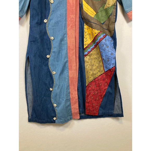 Boho Wearable Art Vintage Mulato Womens XL Denim Patchwork Graphic Duster Coat - Picture 5 of 8